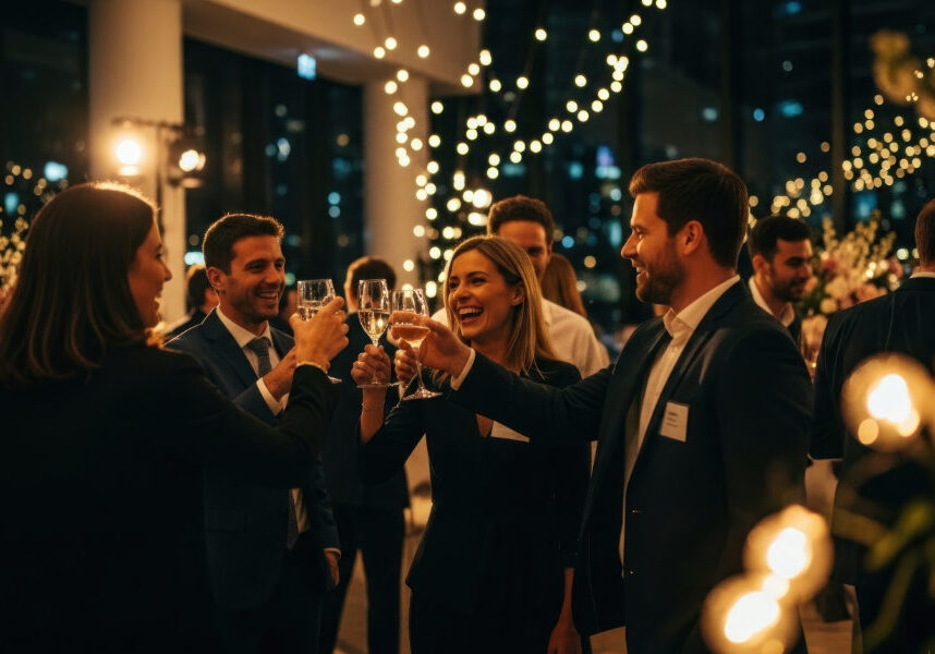 Nighttime celebratory gathering. Group toasts with champagne Corporate Events and Occasions with Arrange a Ride